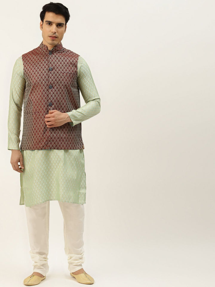 SOJANYA Men Green & Maroon Ethnic Motifs Kurta with Churidar & Nehru Jacket