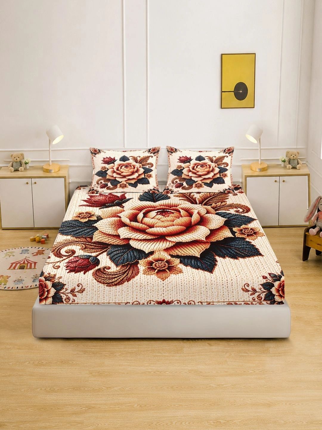 Moda Rapido X KLOTTHE Cream-Coloured & Red Floral 400 TC King Bedsheet with 2 Pillow Covers