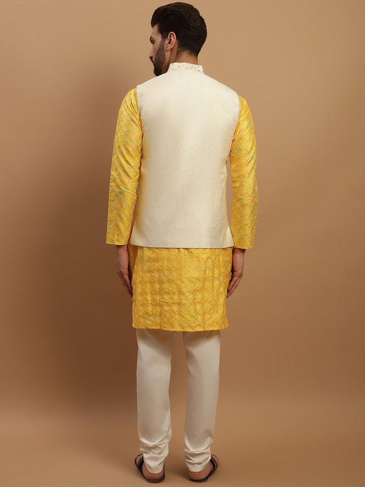 SOJANYA Geometric Embroidered Regular Kurta With Churidar & Nehru Jacket