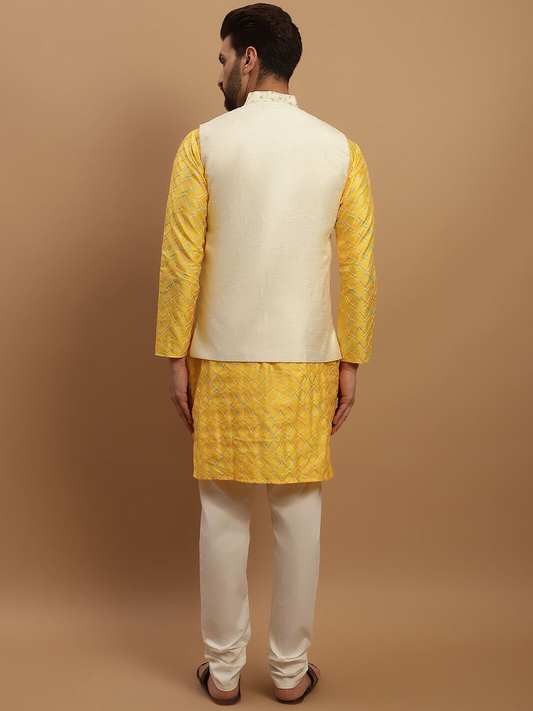 SOJANYA Geometric Embroidered Regular Kurta With Churidar & Nehru Jacket