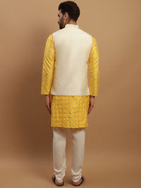 SOJANYA Geometric Embroidered Regular Kurta With Churidar & Nehru Jacket