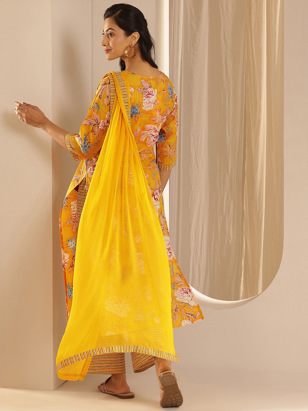 Libas Floral Printed Pure Cotton Straight Kurta With Palazzos & Dupatta