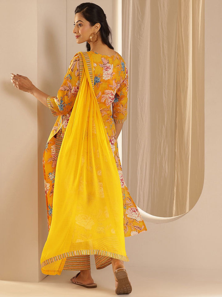 Libas Floral Printed Pure Cotton Straight Kurta With Palazzos & Dupatta