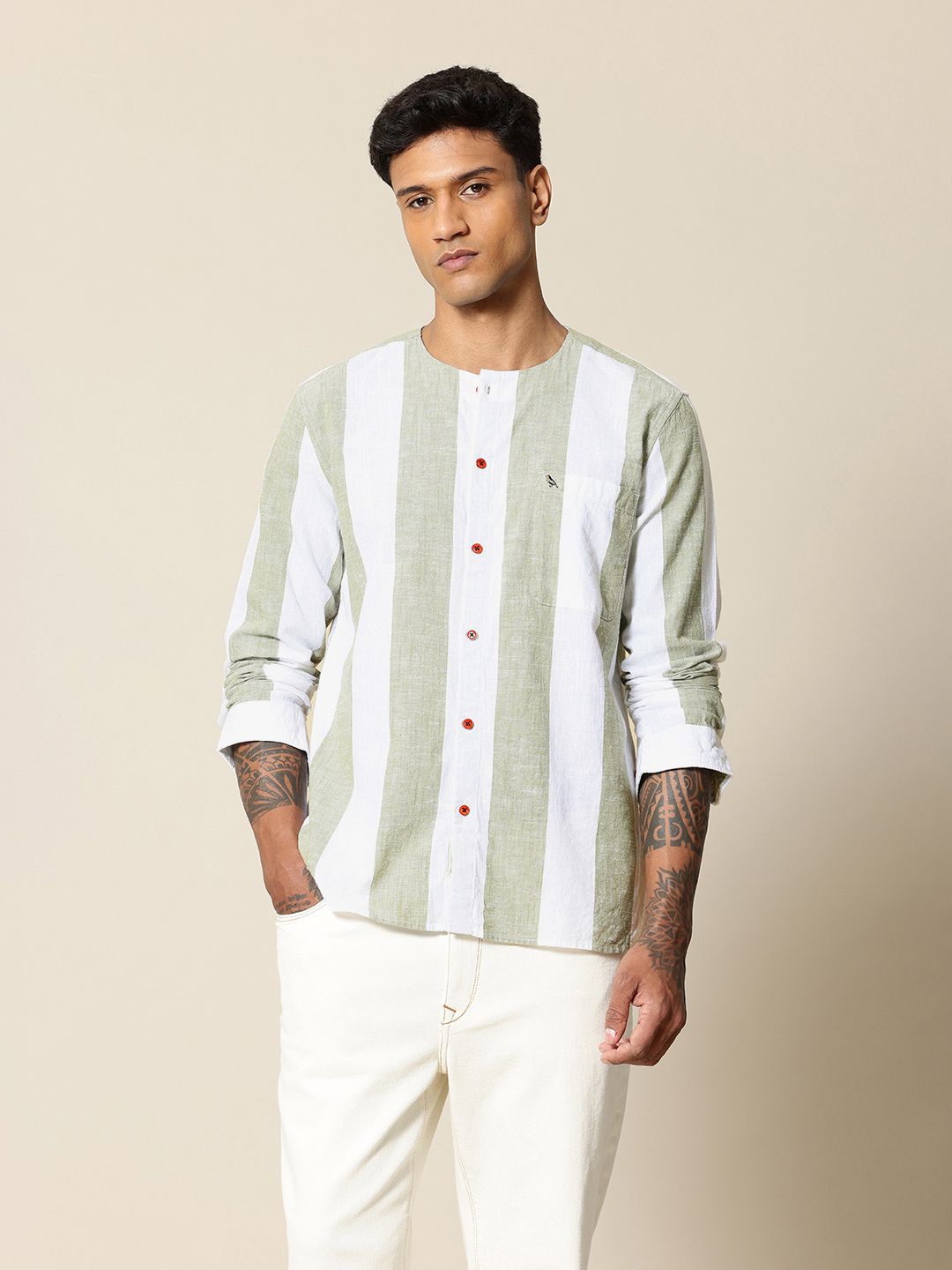 Mr Bowerbird Liberal Fit Self Striped Cotton Linen Casual Shirt