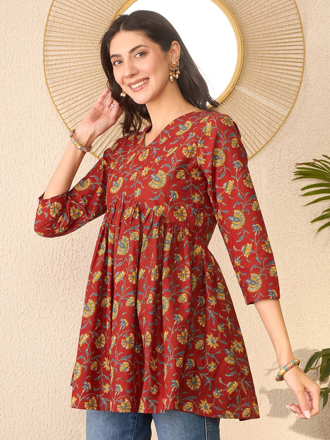 KALINI Women Floral Print Peplum V-Neck Regular Top