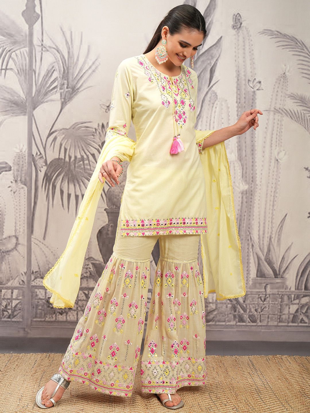 Vishudh Yellow Tie-Up Neck Ethnic Motifs Printed Pure Cotton Straight Kurti Set