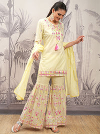 Vishudh Yellow Tie-Up Neck Ethnic Motifs Printed Pure Cotton Straight Kurti Set