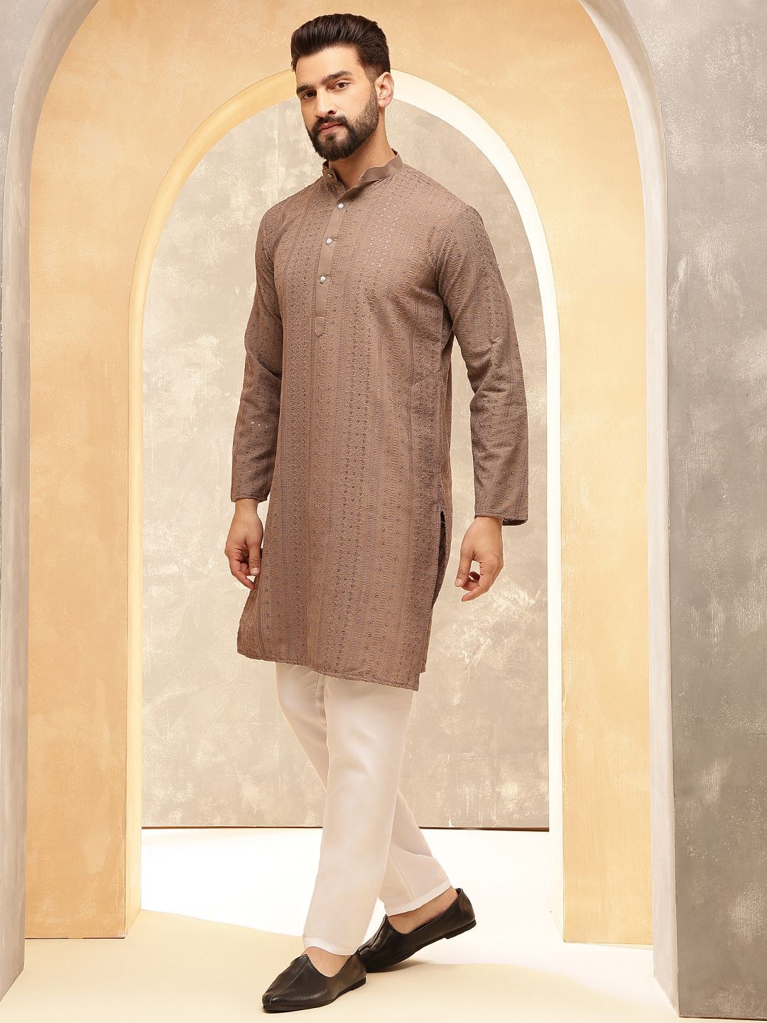 Anouk Brown Ethnic Motifs Embroidered Sequinned Pure Cotton Straight Kurta with Pyjamas