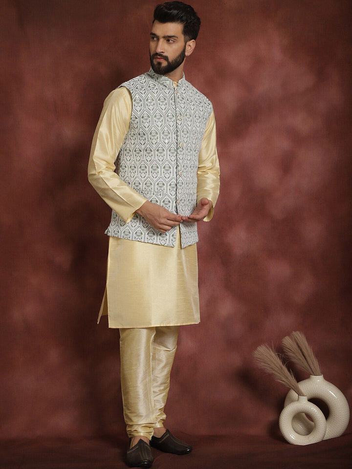 Anouk Ethnic Motifs Thread Work Straight Kurta with Churidar & Nehru Jacket