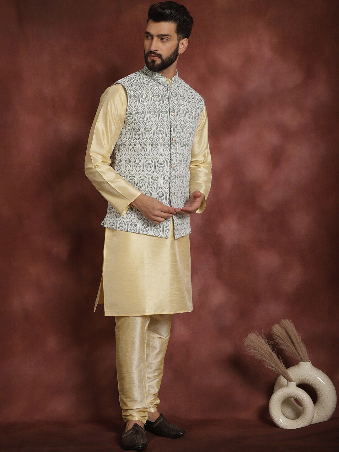 Anouk Ethnic Motifs Thread Work Straight Kurta with Churidar & Nehru Jacket