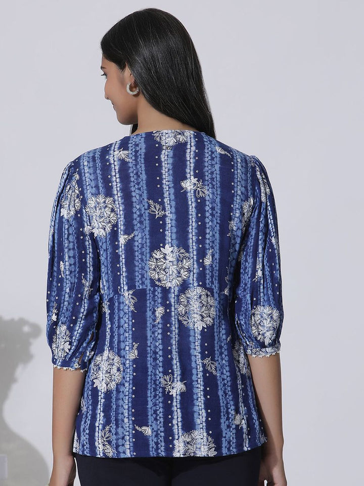 W Print Puff Sleeve Empire Top