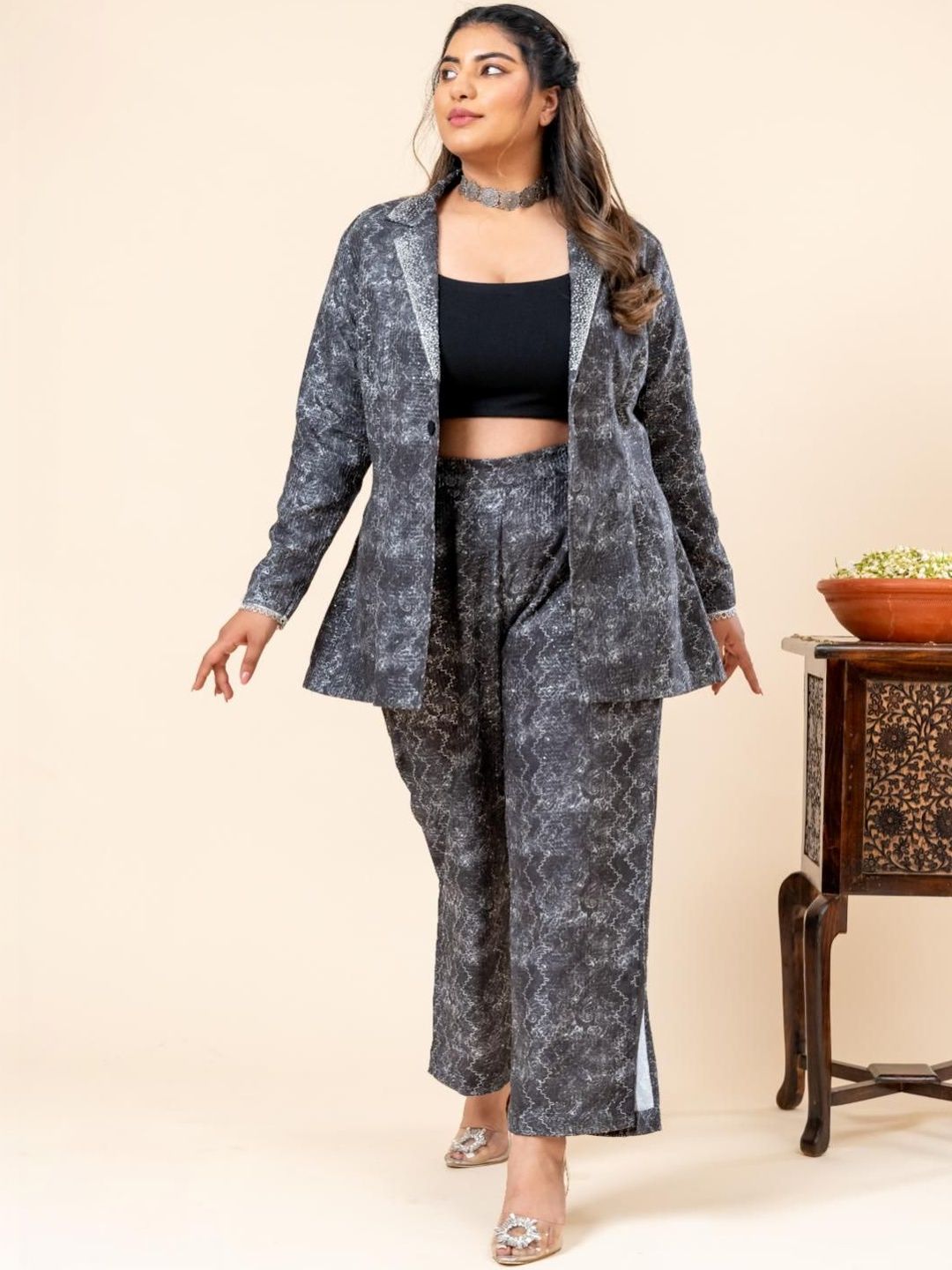 Mamicha Printed Lapel Collar Coat & Trousers Co-Ords Set