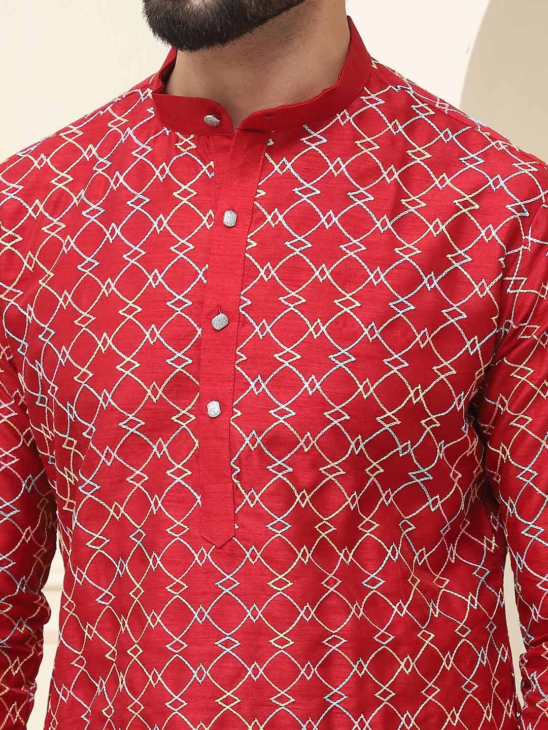 SOJANYA Geometrik Sulam Band Kolar Benang Bekerja Lurus Kurta