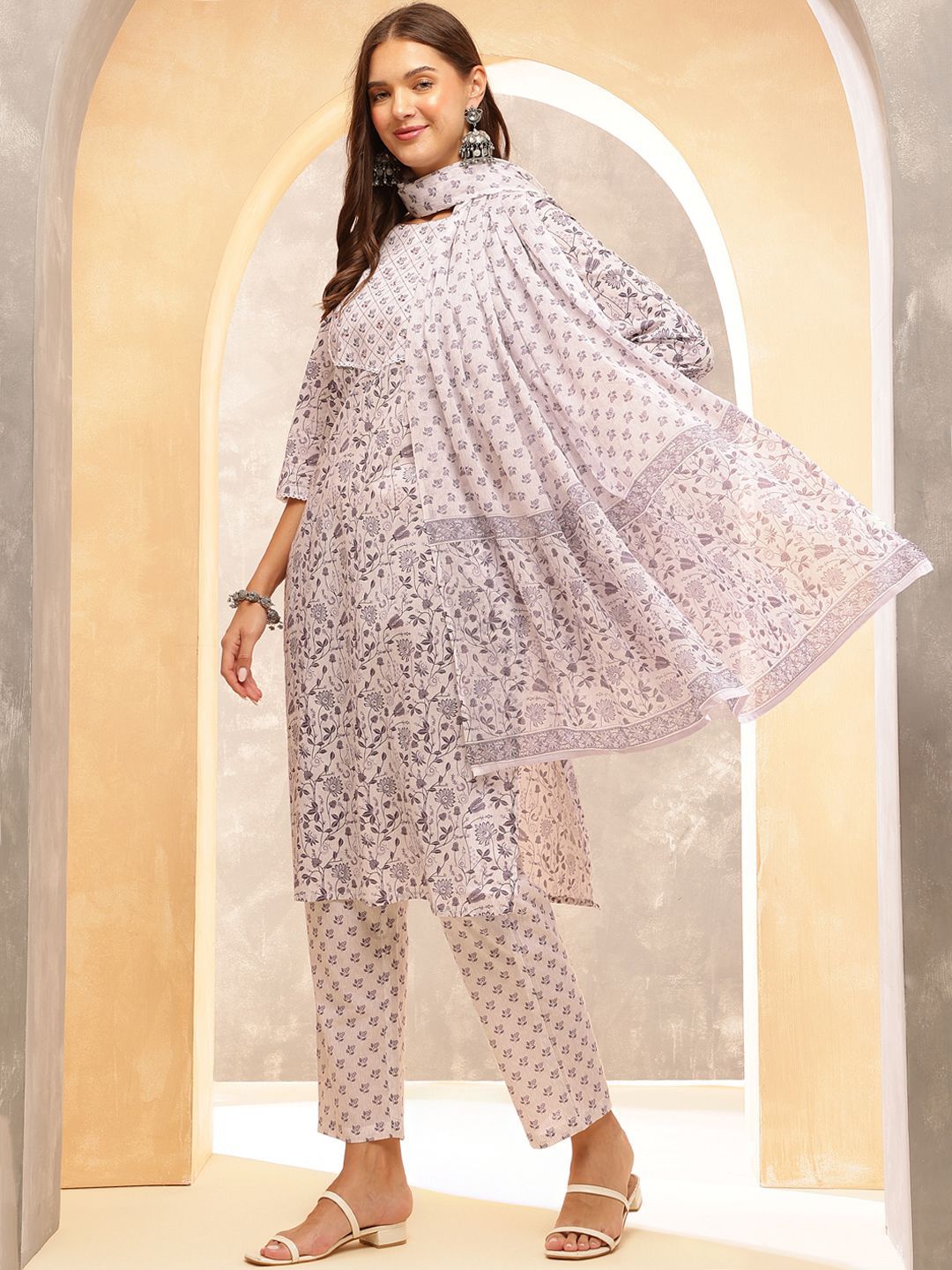 Anouk Women Ethnic Motifs Printed Regular Beads and Stones Pure Cotton Kurta with Trousers & With Dupatta