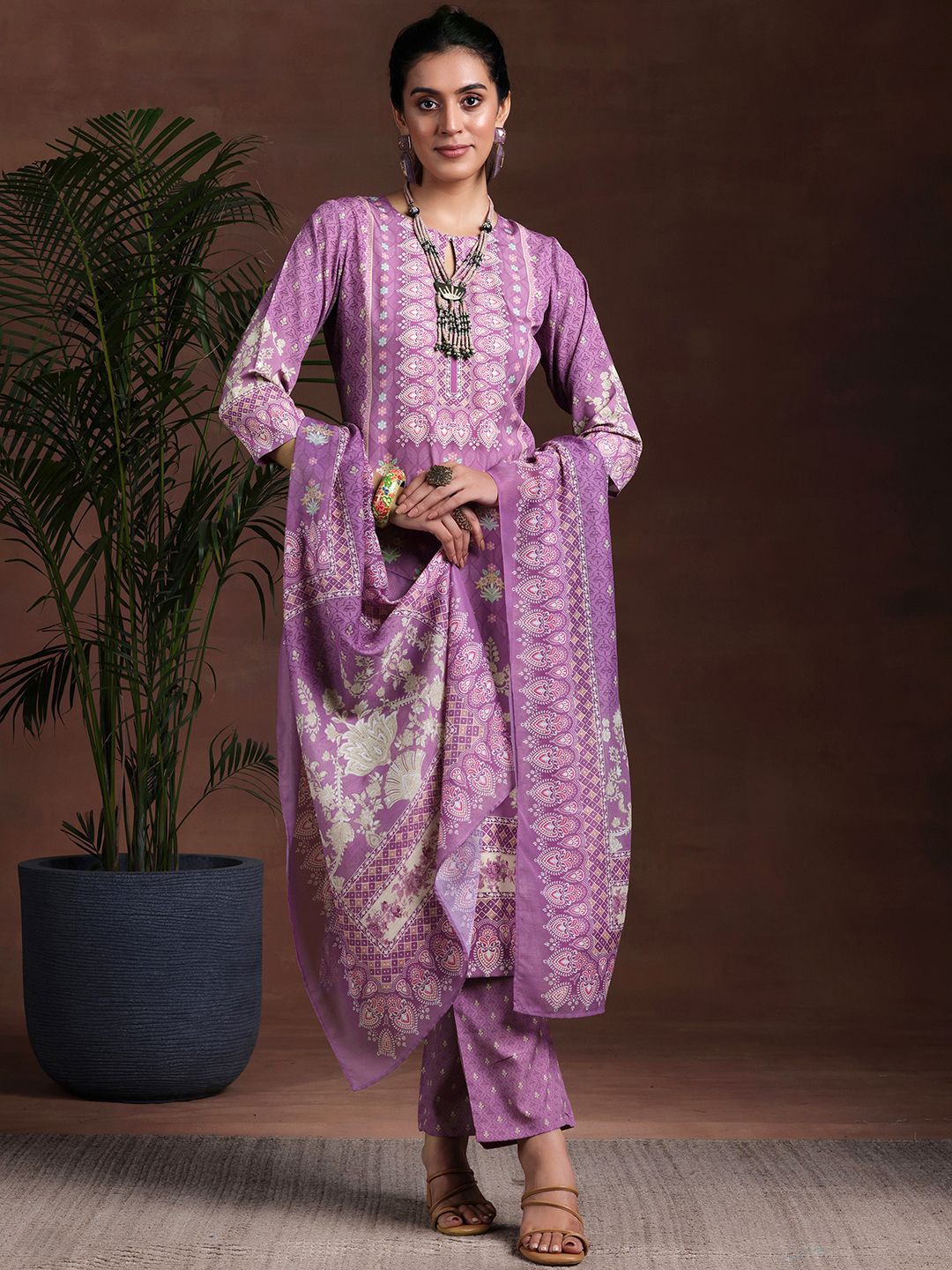 Libas Ethnic Motifs Printed Keyhole Neck Straight Kurta With Trousers & Dupatta
