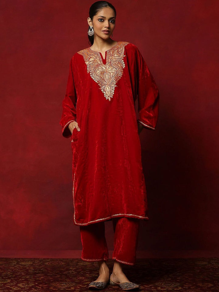 House of Chikankari Women Red Velvet Tilla Embroidered Kurta Set