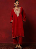 House of Chikankari Women Red Velvet Tilla Embroidered Kurta Set