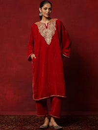 House of Chikankari Women Red Velvet Tilla Embroidered Kurta Set