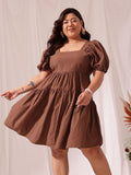 Curvy Street Plus Size Puff Lengan Kapas Fit & Flare Dress