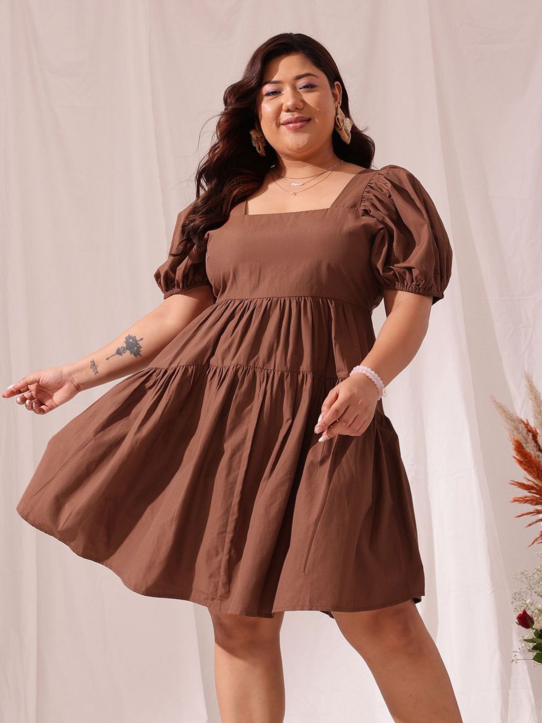 Curvy Street Plus Size Puff Lengan Kapas Fit & Flare Dress