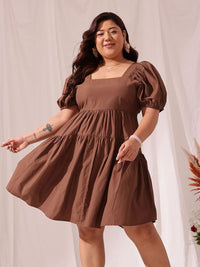 Curvy Street Plus Size Puff Lengan Kapas Fit & Flare Dress