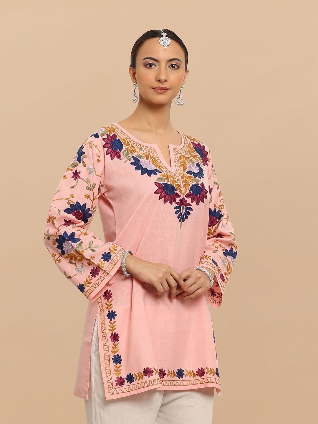 HOUSE OF KARI Floral Embroidered Cotton Falak Kashmiri Straight Kurta