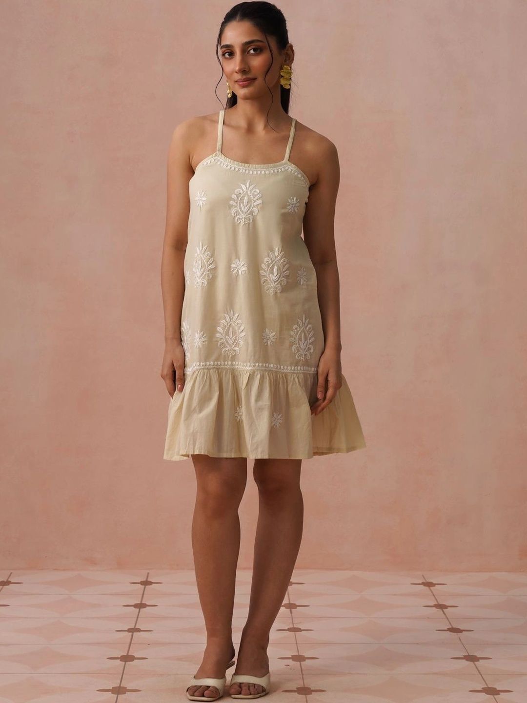 House of Chikankari Ethnic Motifs Embroidered Ruffled A-Line Dress