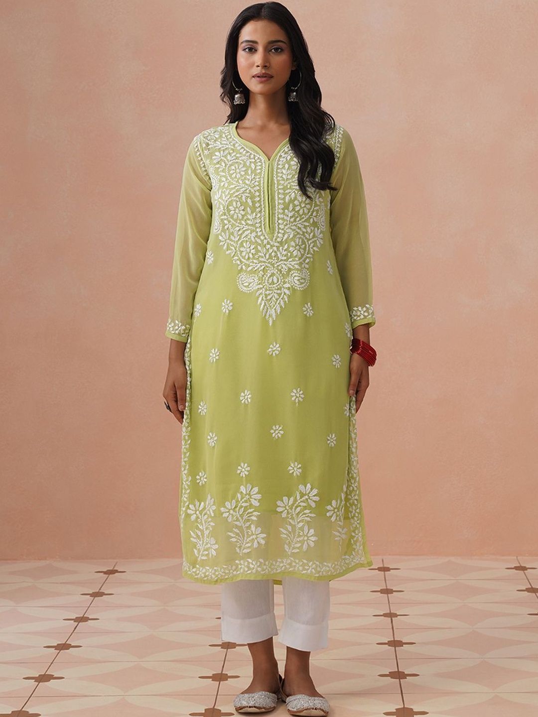 Rumah Wanita Chikankari Kerja Benang Sulam Georgette Kurta