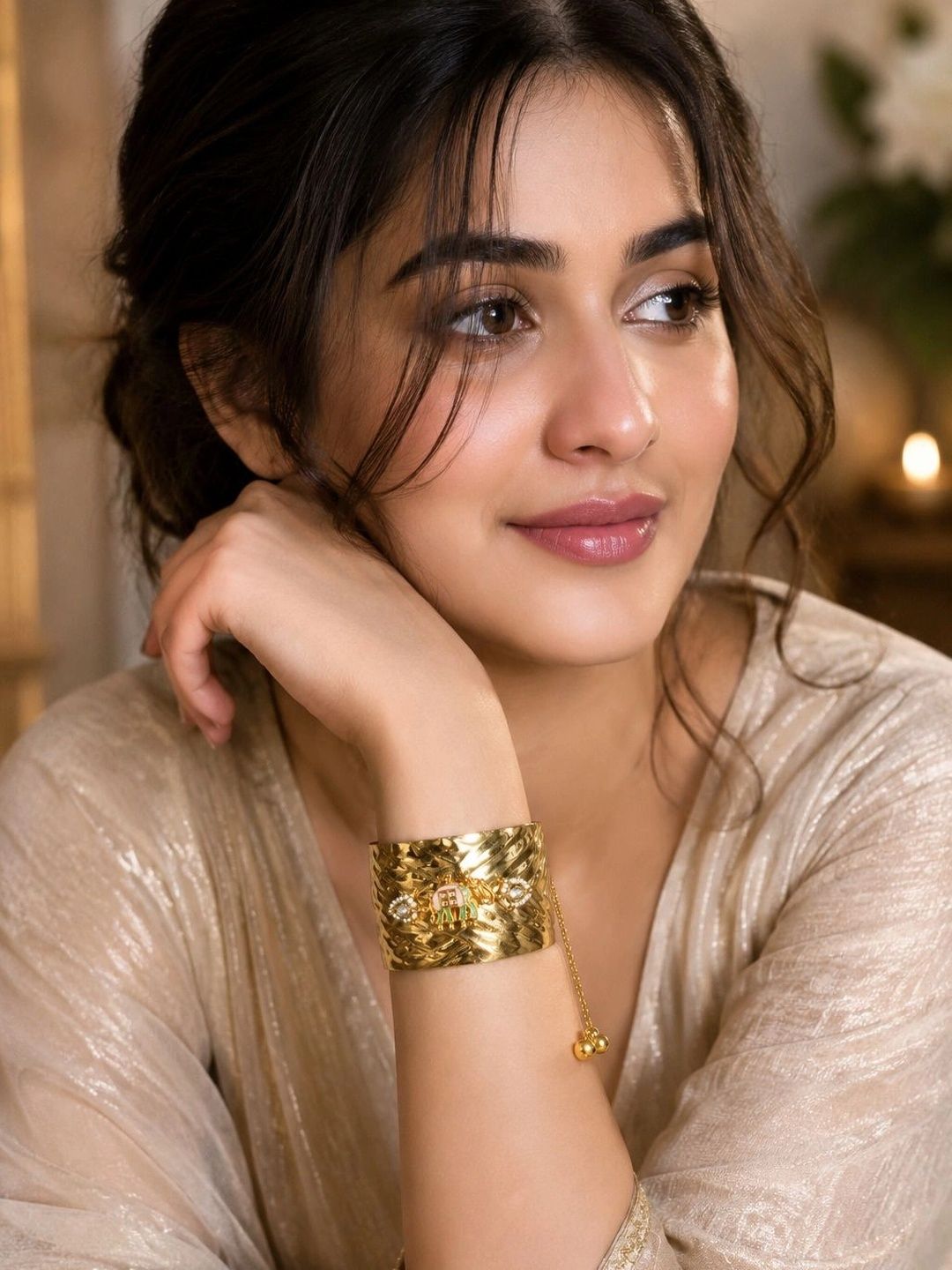PANASH Wanita Brass Cubic Zirconia Enameled Gold Plated Cuff Bracelet