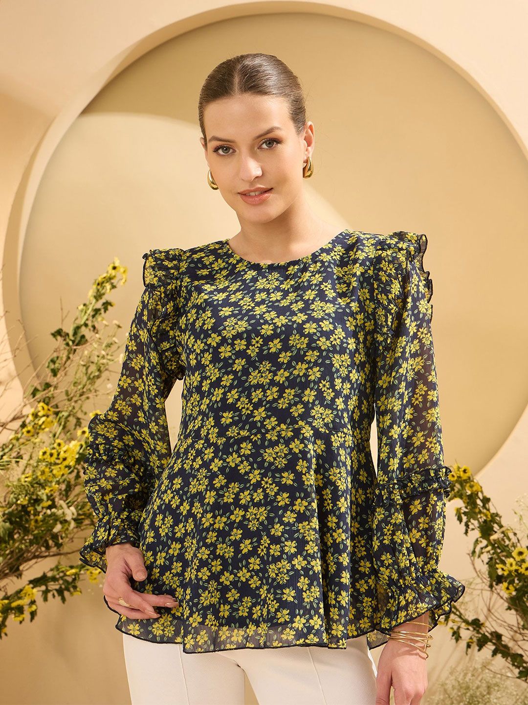 Antheaa Women Floral Print Flutter Sleeve Chiffon Top