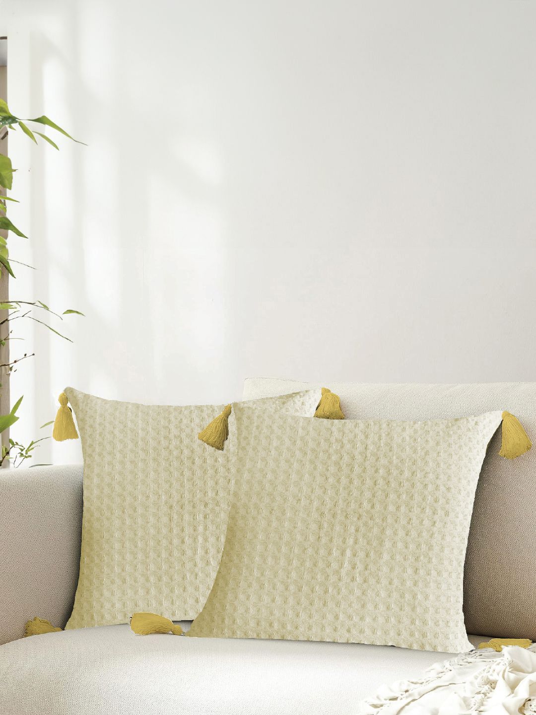 URBAN SPACE Beige 2 Pieces Checked Square Cushion Covers