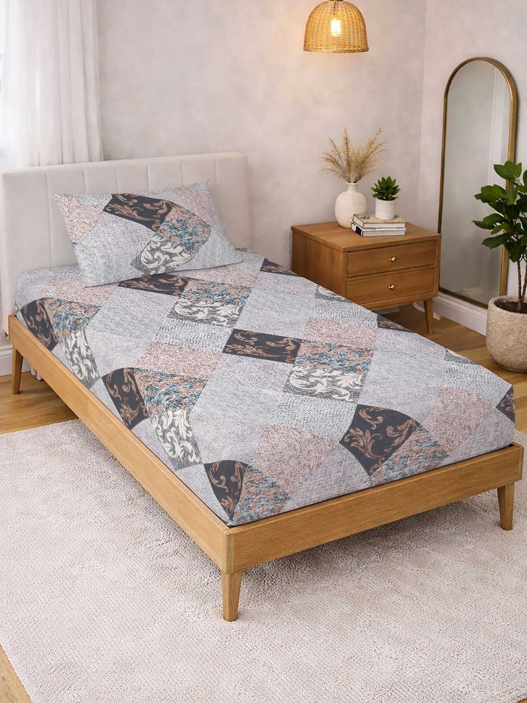 KLOTTHE Grey Geometric Printed 300 TC Single Bedsheets