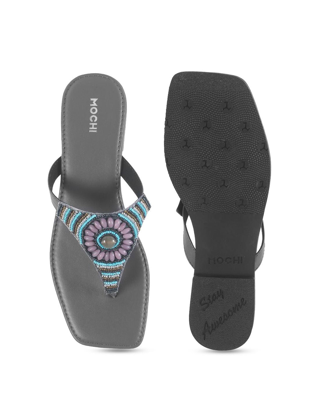 Mochi Women Embellished T-Strap Flats