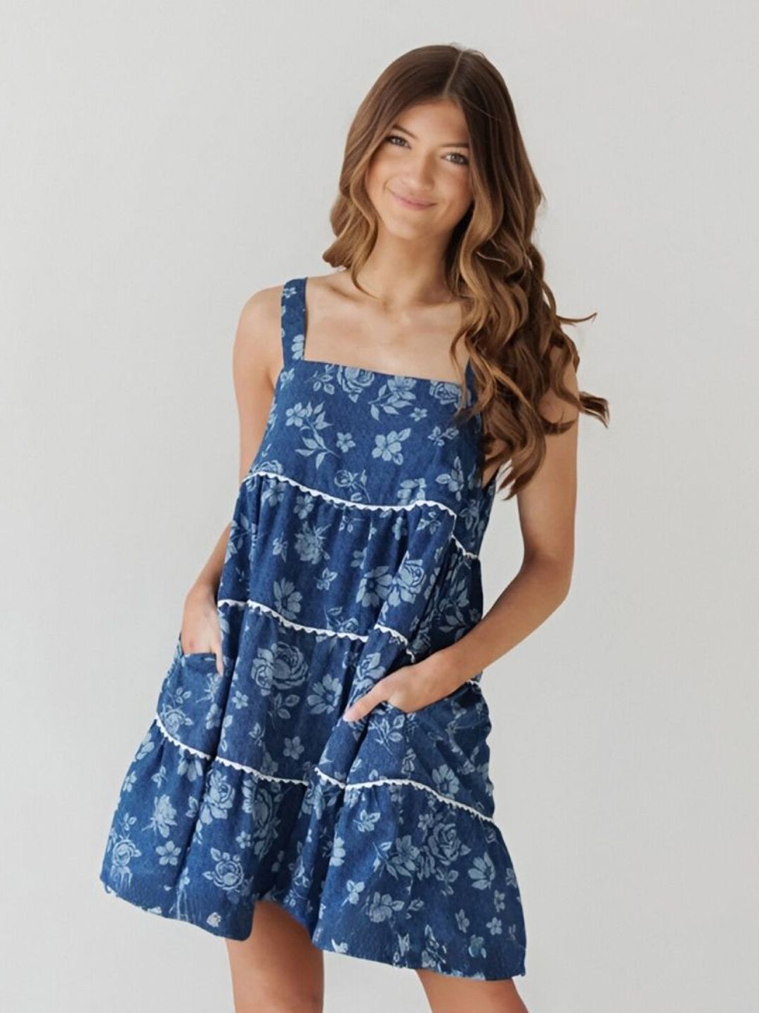 all about you Tropical Printed Shoulder Straps Tiered A-Line Mini Dress