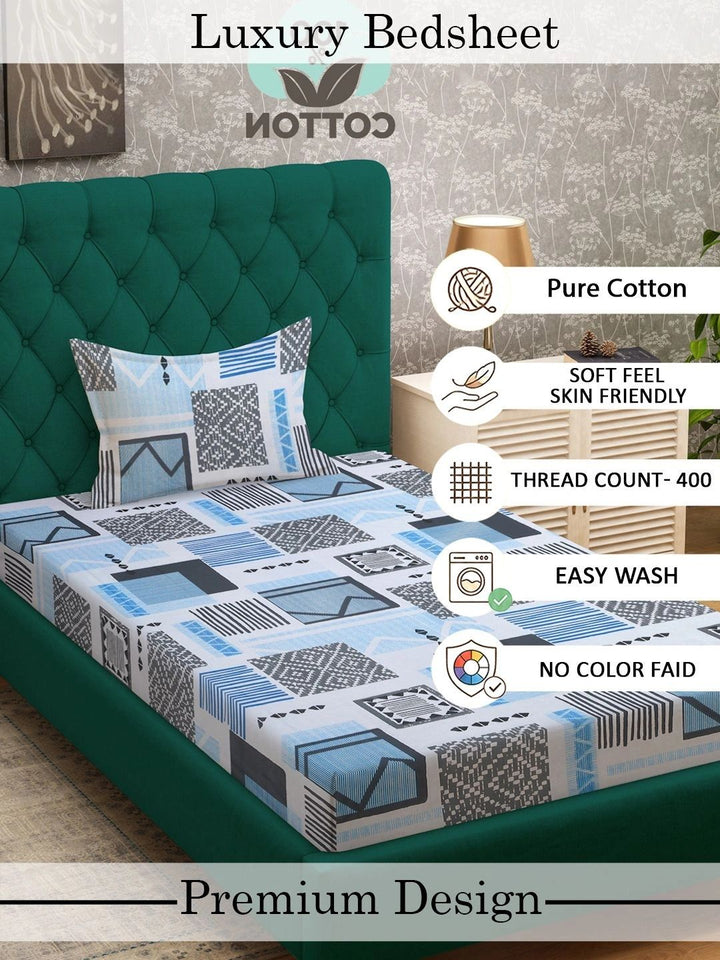 Myntra Elegant Homes Blue & White Geometric 400 TC Single Bedsheet with 1 Pillow Covers