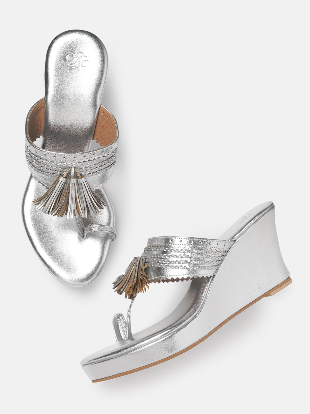 House of Pataudi Open-Toe Woven Design Wedge Heels with Tassels