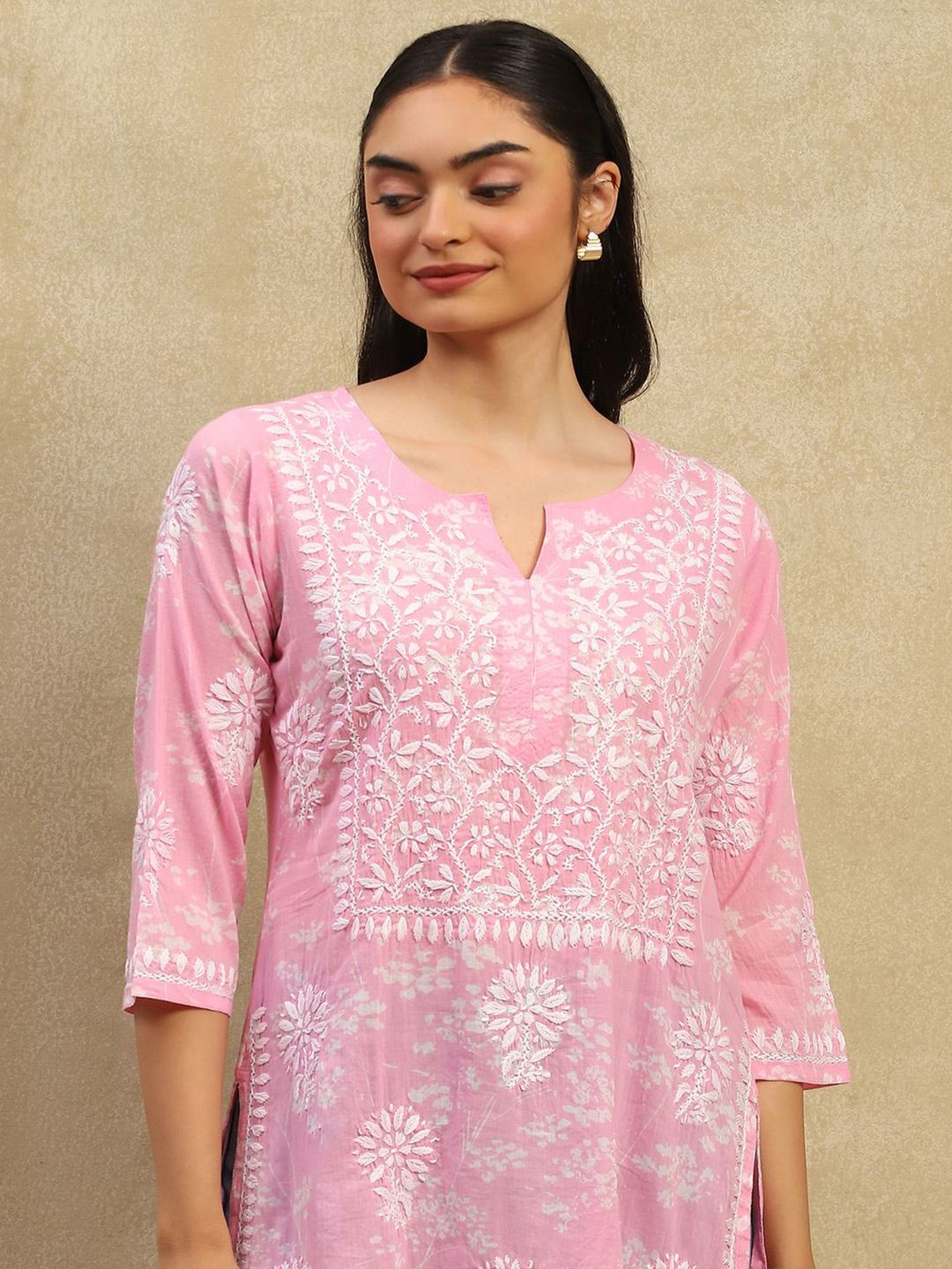 House of Chikankari Women Pink Cotton Chikankari Sulam Kurta
