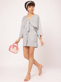 DressBerry Seamlessy Stylish Flared Sleeves Tie-Up Striped Playsuit