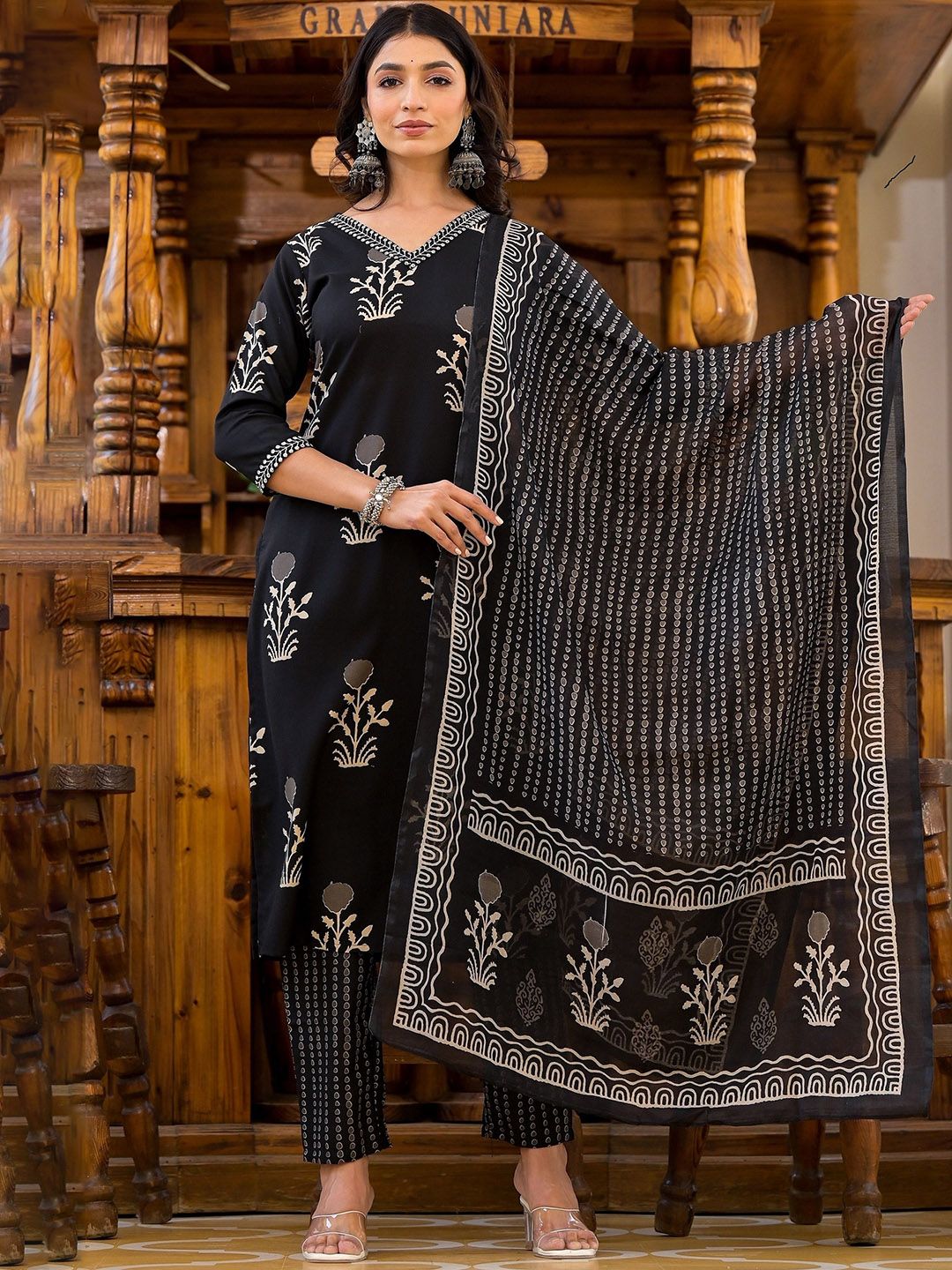 KALINI Ethnic Motifs Printed Sequinned Straight Kurta With Trousers & Dupatta