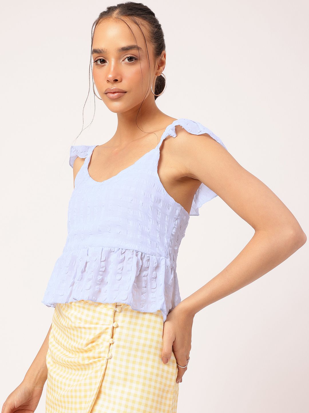 DressBerry Simply Stated Dobby Weave Ruffled Sleeves Back Lace-Up Peplum Top