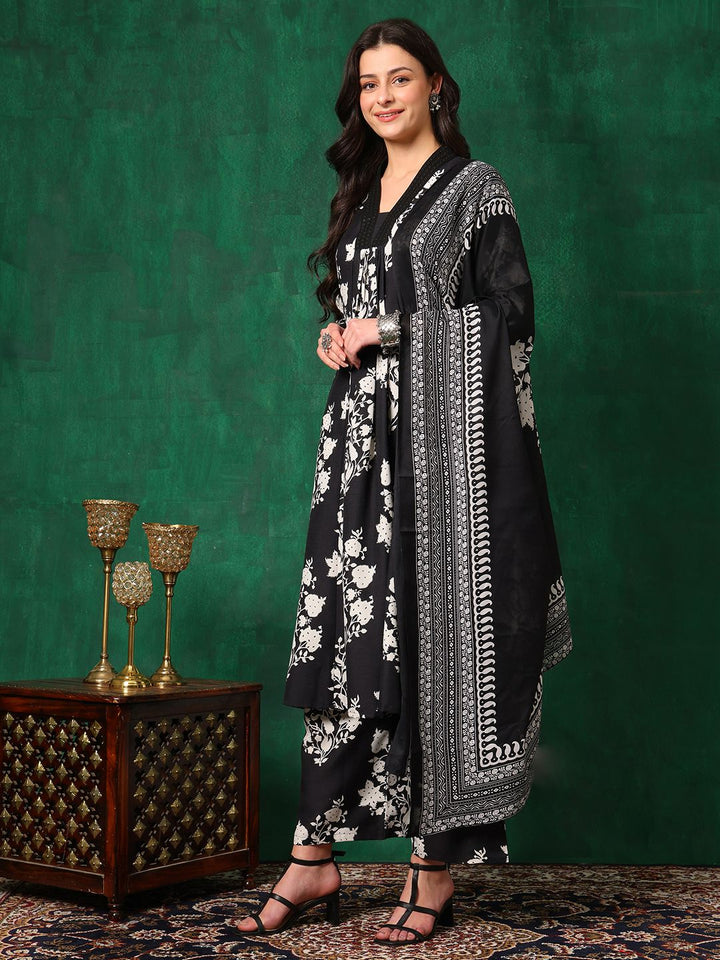 KALINI Floral Printed Embroidered V-Neck A-Line Kurta With Palazzo & Dupatta
