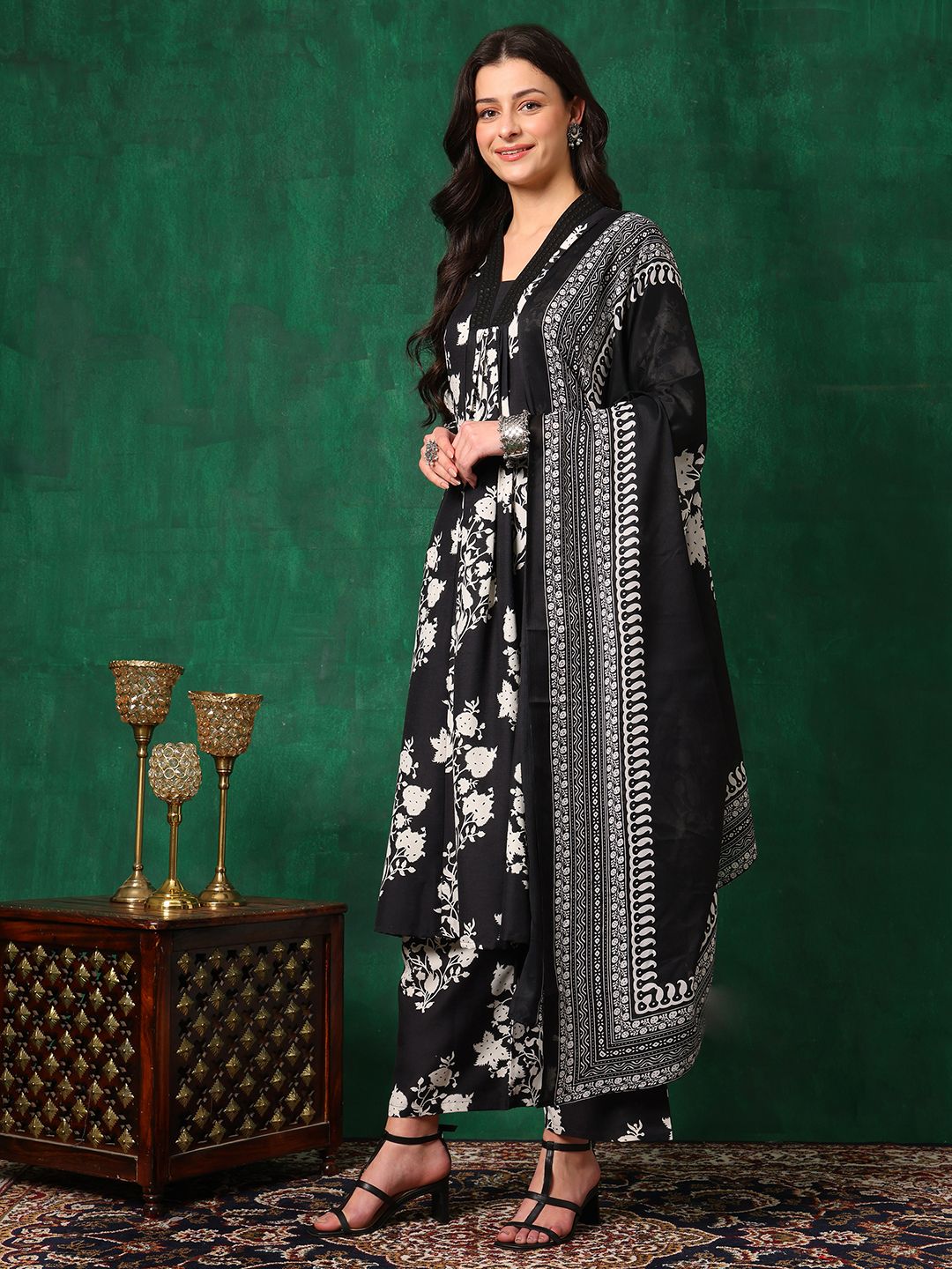 KALINI Floral Printed Embroidered V-Neck A-Line Kurta With Palazzo & Dupatta