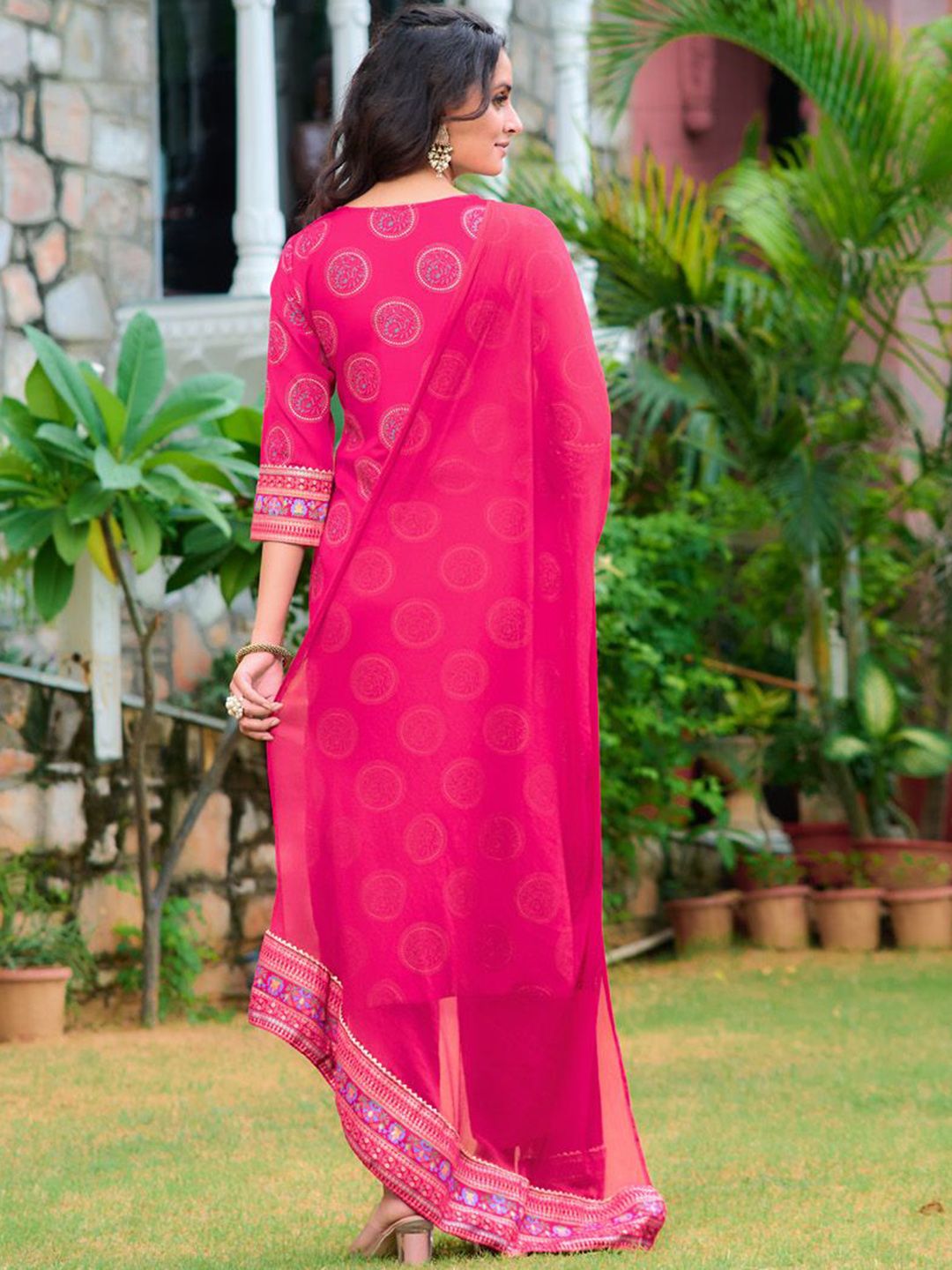 KALINI Floral Printed Gotta Patti Notch Neck Straight Kurta with Trousers & Dupatta