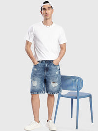 Bene Kleed Men Washed Mid-Rise Knee Length Relaxed Fit Denim Shorts