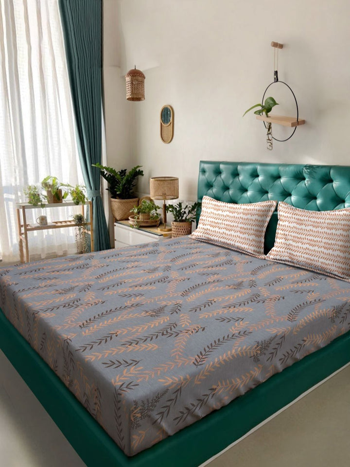 KLOTTHE Grey Leaf Cotton 300 TC King Fine Bedsheet with 2 Pillow Covers-250 x 225 cm