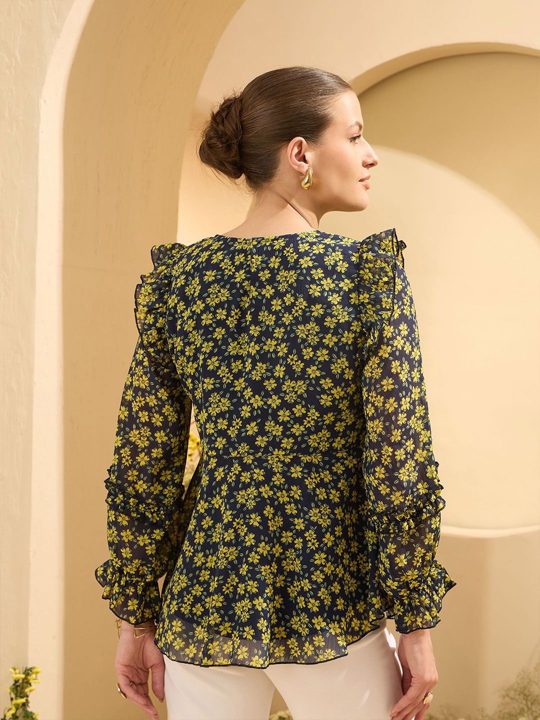 Antheaa Women Floral Print Flutter Sleeve Chiffon Top