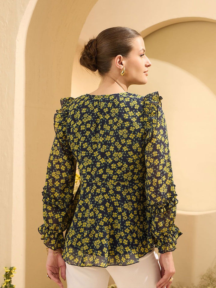 Antheaa Women Floral Print Flutter Sleeve Chiffon Top