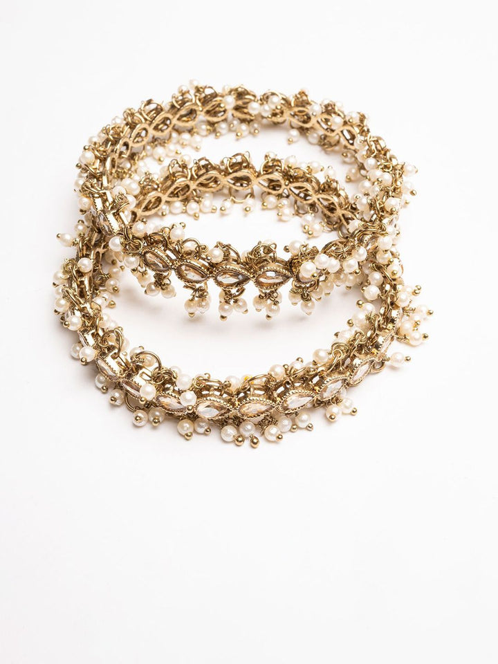 PANASH Set of 2 Gold-Plated American Diamond Stone Studded & Beaded Bangles
