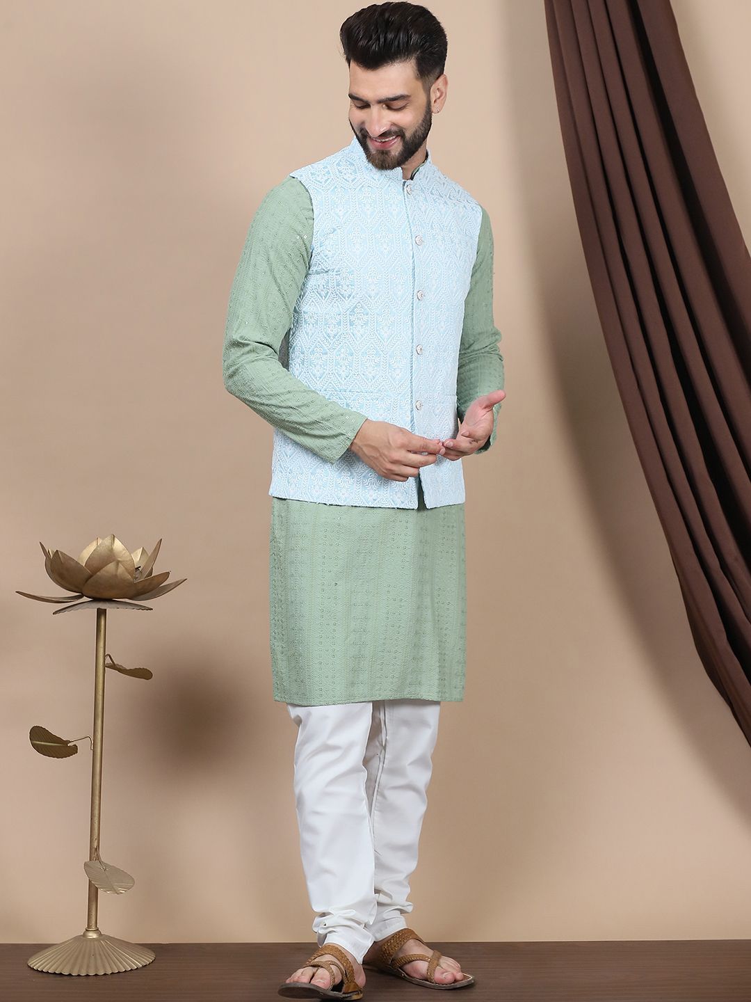 Anouk Blue Embroidered Straight Sequinned Pure Cotton Kurta with Churidar & Nehru Jacket
