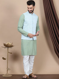 Anouk Blue Embroidered Straight Sequinned Pure Cotton Kurta with Churidar & Nehru Jacket